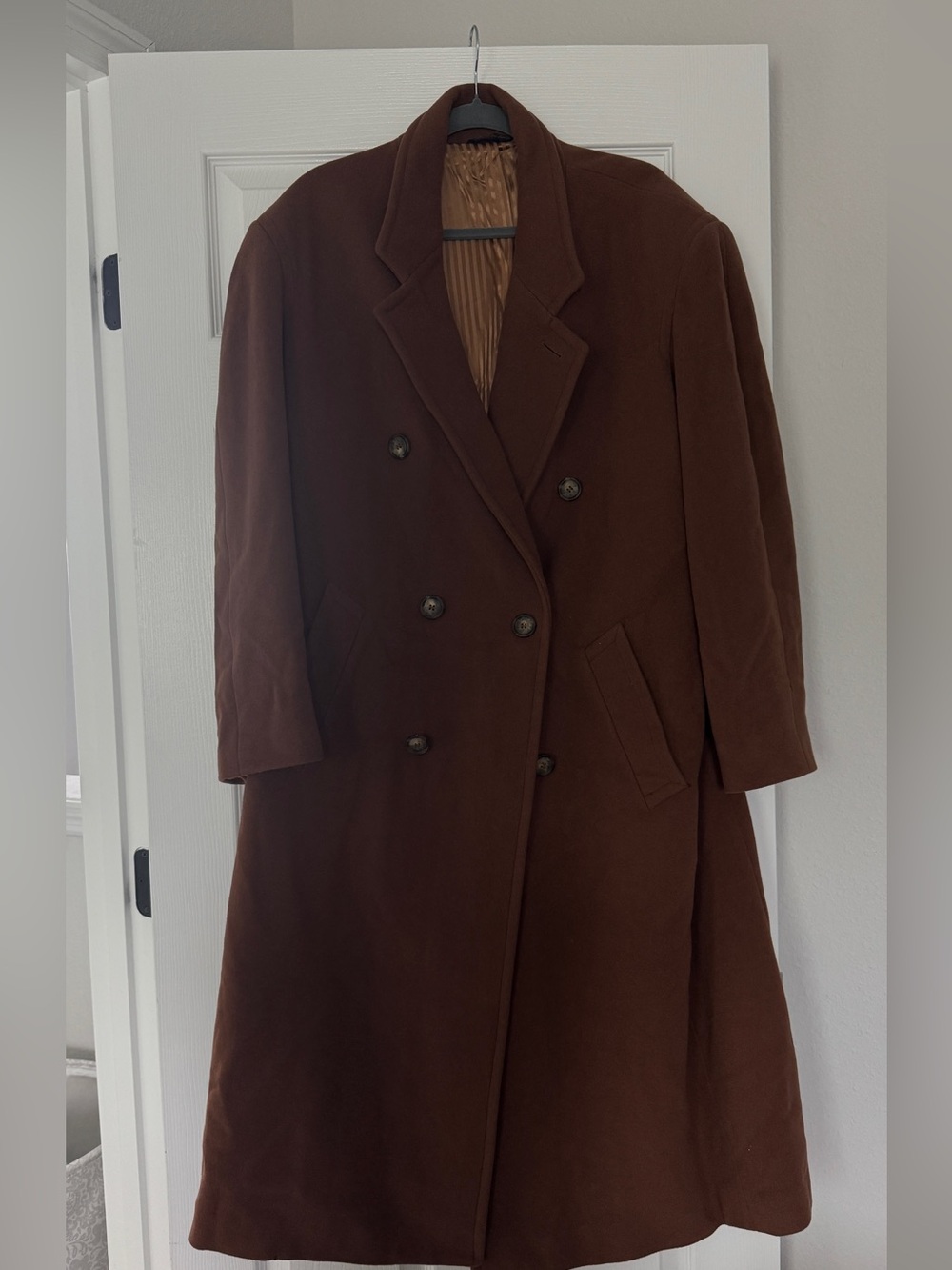 Brown Double-Breasted Cashmere and Wool Blend Coat